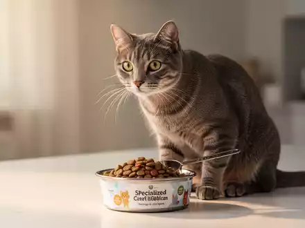 Eine gesunde Hauskatze sitzt neben einem perfekt portionierten Napf mit Spezialfutter. Eine Messschaufel ist sichtbar. - Foto: über boerse-global.de