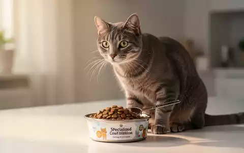 Eine gesunde Hauskatze sitzt neben einem perfekt portionierten Napf mit Spezialfutter. Eine Messschaufel ist sichtbar. - Foto: über boerse-global.de