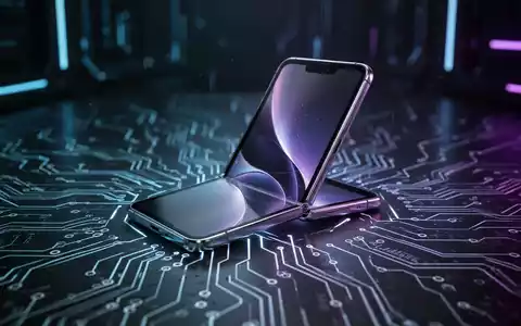 Zukünftiges faltbares Smartphone, teilweise geöffnet und leuchtend, umgeben von abstrakten Leiterplattenmustern in dunkler Hightech-Umgebung. - Foto: über boerse-global.de