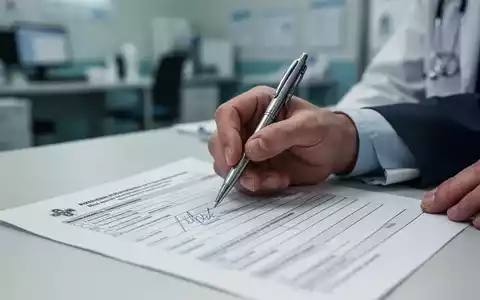 Eine Hand hält einen Stift über ein Formular, das eine Krankschreibung oder ein offizielles Dokument darstellt. - Foto: über boerse-global.de