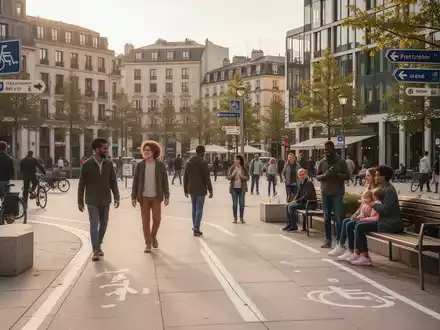 Eine einladende öffentliche Stadtplatzszene mit Menschen unterschiedlichen Alters, die sich unterhalten und spazieren gehen, umgeben von zugänglicher Infrastruktur. - Foto: über boerse-global.de