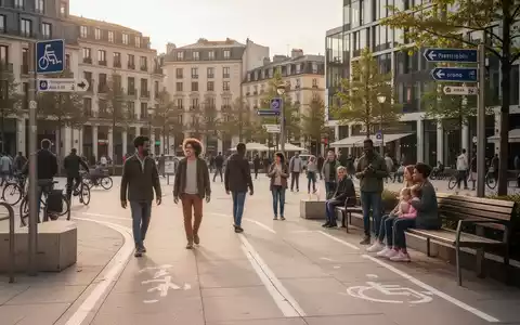 Eine einladende öffentliche Stadtplatzszene mit Menschen unterschiedlichen Alters, die sich unterhalten und spazieren gehen, umgeben von zugänglicher Infrastruktur. - Foto: über boerse-global.de