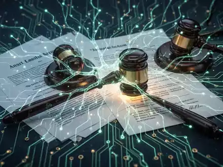 Ein digitales neuronales Netzwerk, verwoben mit juristischen Dokumenten und einem Hammer, symbolisiert die Integration von KI in die Rechtsberufe. - Foto: über boerse-global.de