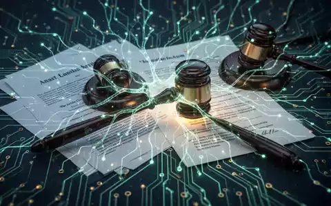Ein digitales neuronales Netzwerk, verwoben mit juristischen Dokumenten und einem Hammer, symbolisiert die Integration von KI in die Rechtsberufe. - Foto: über boerse-global.de