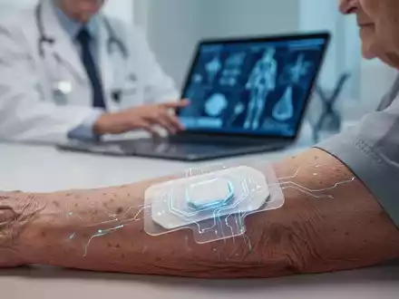 Ein futuristisches, durchscheinendes Pflaster auf dem Arm einer älteren Person, mit einem Arzt, der im Hintergrund medizinische Daten prüft. - Foto: über boerse-global.de