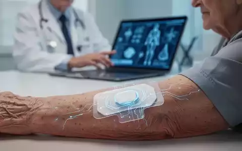Ein futuristisches, durchscheinendes Pflaster auf dem Arm einer älteren Person, mit einem Arzt, der im Hintergrund medizinische Daten prüft. - Foto: über boerse-global.de