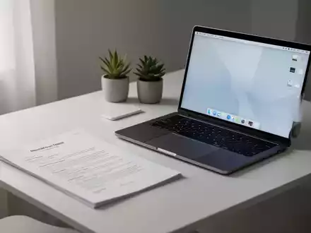 Ein minimalistischer, sauberer Schreibtisch mit einem Laptop, einem einzelnen Dokument und einer kleinen Pflanze, die Ordnung und Effizienz symbolisieren. - Foto: über boerse-global.de