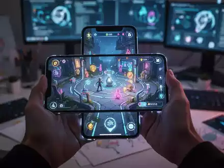 Ein Smartphone zeigt ein buntes, KI-generiertes Minispiel, gehalten von Händen in einer modernen, technikorientierten Umgebung. - Foto: über boerse-global.de