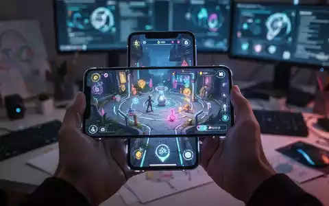 Ein Smartphone zeigt ein buntes, KI-generiertes Minispiel, gehalten von Händen in einer modernen, technikorientierten Umgebung. - Foto: über boerse-global.de