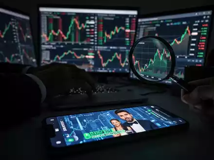 Hände tippen auf einem Laptop, umgeben von Bildschirmen mit Krypto-Charts. Ein Smartphone zeigt ein gefälschtes KI-Video. - Foto: über boerse-global.de