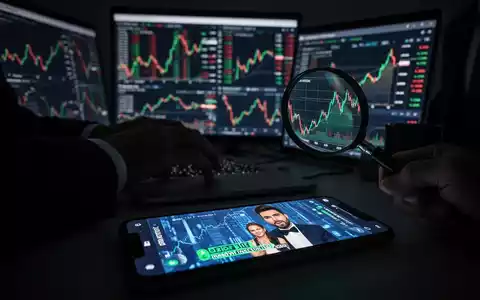 Hände tippen auf einem Laptop, umgeben von Bildschirmen mit Krypto-Charts. Ein Smartphone zeigt ein gefälschtes KI-Video. - Foto: über boerse-global.de