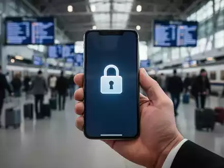 Eine Hand hält ein Smartphone mit einem Sicherheitsschloss-Symbol auf dem Bildschirm vor dem verschwommenen Hintergrund eines belebten Reiseziels. - Foto: über boerse-global.de