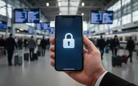 Eine Hand hält ein Smartphone mit einem Sicherheitsschloss-Symbol auf dem Bildschirm vor dem verschwommenen Hintergrund eines belebten Reiseziels. - Foto: über boerse-global.de