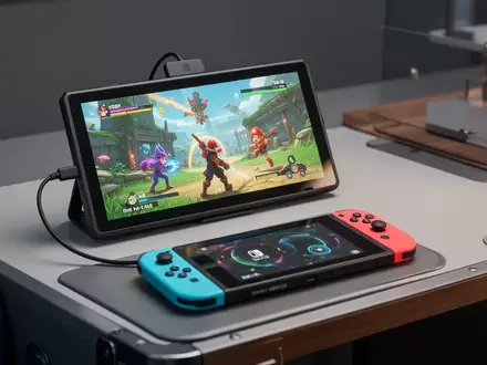 Tragbarer Monitor zeigt Nintendo-Switch-Spiel, verbunden mit Konsole auf moderner Oberfläche. - Foto: über boerse-global.de