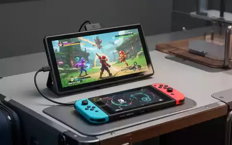Tragbarer Monitor zeigt Nintendo-Switch-Spiel, verbunden mit Konsole auf moderner Oberfläche. - Foto: über boerse-global.de