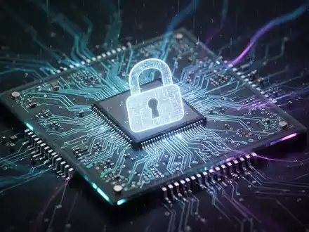 Nahaufnahme eines leuchtenden Mikrochips mit digitalem Sicherheitsschloss-Symbol, das Smartphone-Sicherheitslücken darstellt. - Foto: über boerse-global.de