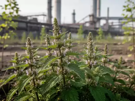Nahaufnahme einer blühenden Brennnessel auf einem ehemaligen Industriegelände, mit unscharfen Industriegebäuden im Hintergrund. - Foto: über boerse-global.de