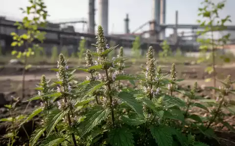 Nahaufnahme einer blühenden Brennnessel auf einem ehemaligen Industriegelände, mit unscharfen Industriegebäuden im Hintergrund. - Foto: über boerse-global.de