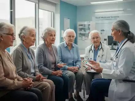 Senioren und ein Arzt besprechen Medikamente in einer modernen Klinik, symbolisch für Medicare und GLP-1-Behandlungen. - Foto: über boerse-global.de