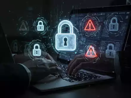 Hände tippen auf einer Laptop-Tastatur, auf dem Bildschirm sind leuchtende digitale Schloss- und Warnsymbole zu sehen. Dunkle, bedrohliche Atmosphäre. - Foto: über boerse-global.de
