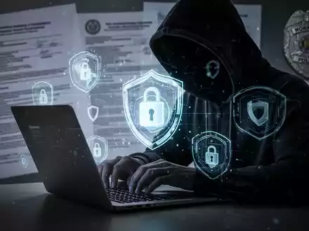 Person in Kapuzenjacke tippt auf Laptop, umgeben von leuchtenden digitalen Sicherheitssymbolen, die Cyberkriminalität und Betrug darstellen. - Foto: über boerse-global.de