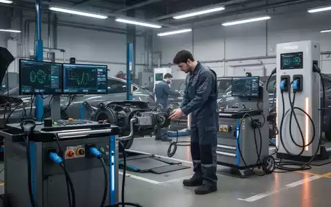 Ein Mechaniker überprüft Geräte in einer modernen Autowerkstatt mit Ladestationen für Elektrofahrzeuge, die Sicherheit und digitale Compliance betonen. - Foto: über boerse-global.de