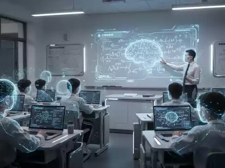 Schüler interagieren mit holografischen KI-Displays in einem modernen chinesischen Klassenzimmer, während ein Lehrer komplexe Algorithmen erklärt. - Foto: über boerse-global.de