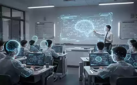 Schüler interagieren mit holografischen KI-Displays in einem modernen chinesischen Klassenzimmer, während ein Lehrer komplexe Algorithmen erklärt. - Foto: über boerse-global.de