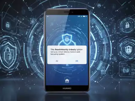 Huawei-Smartphone-Bildschirm mit Sicherheitsupdate-Hinweis, leuchtende digitale Sicherheitssymbole im Hintergrund. - Foto: über boerse-global.de