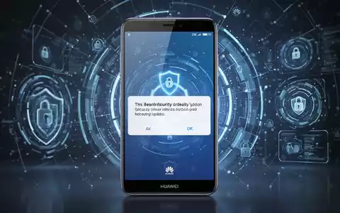 Huawei-Smartphone-Bildschirm mit Sicherheitsupdate-Hinweis, leuchtende digitale Sicherheitssymbole im Hintergrund. - Foto: über boerse-global.de