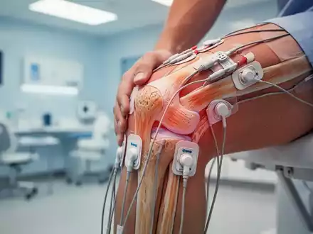 Nahaufnahme eines Knies mit Elektroden für TENS-Therapie in einer modernen Klinik, symbolisiert Schmerztherapie. - Foto: über boerse-global.de