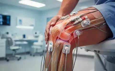 Nahaufnahme eines Knies mit Elektroden für TENS-Therapie in einer modernen Klinik, symbolisiert Schmerztherapie. - Foto: über boerse-global.de