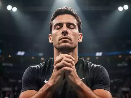 Ein Sportler in tiefer Konzentration, die Augen geschlossen, die Hände gefaltet, in einer schwach beleuchteten Sportarena. - Foto: über boerse-global.de