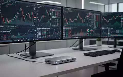 Eine moderne Thunderbolt 5 Docking-Station, die mit einem professionellen Workstation-Setup und mehreren Bildschirmen verbunden ist. - Foto: über boerse-global.de
