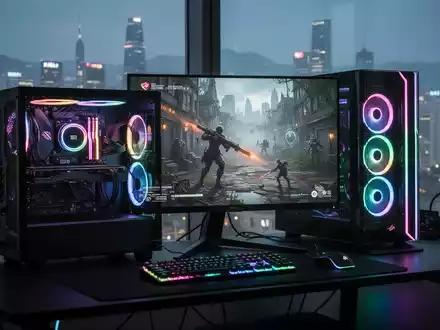 Hochleistungs-Gaming-PC mit leuchtenden Komponenten, Spiel auf dem Monitor und Seoul-Skyline im Hintergrund. - Foto: über boerse-global.de