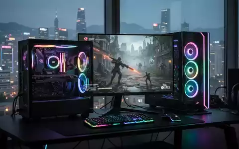 Hochleistungs-Gaming-PC mit leuchtenden Komponenten, Spiel auf dem Monitor und Seoul-Skyline im Hintergrund. - Foto: über boerse-global.de