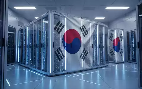 In einem großen Rechenzentrum leuchten Server-Racks mit blauem Licht, Symbol für KI-Infrastruktur-Investitionen in Südkorea. - Foto: über boerse-global.de