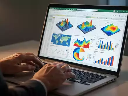 Nahaufnahme von Händen, die auf einem Laptop tippen, mit einem lebendigen Excel-Blatt mit 3D-Karten und Diagrammen. - Foto: über boerse-global.de