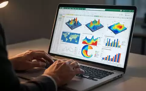 Nahaufnahme von Händen, die auf einem Laptop tippen, mit einem lebendigen Excel-Blatt mit 3D-Karten und Diagrammen. - Foto: über boerse-global.de