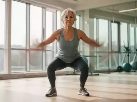 Eine Ă€ltere Frau macht eine Kniebeuge-Ăbung in einem hellen Fitnessstudio, die Kraft und MobilitĂ€t demonstriert. - Foto: ĂŒber boerse-global.de
