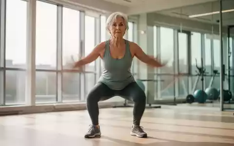 Eine ältere Frau macht eine Kniebeuge-Übung in einem hellen Fitnessstudio, die Kraft und Mobilität demonstriert. - Foto: über boerse-global.de