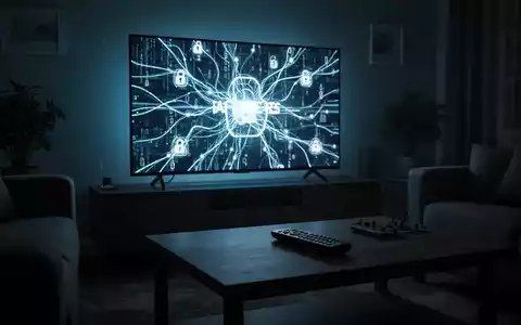 Ein dunkles Wohnzimmer mit einem Smart-TV, der abstrakte Netzwerklinien und digitale Bedrohungen anzeigt. Eine Fernbedienung liegt auf einem Tisch. - Foto: über boerse-global.de