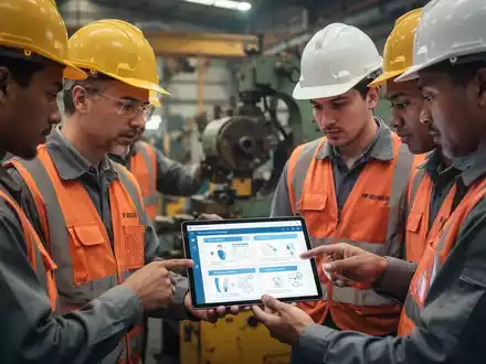Arbeiter in einer Fabrik, die digitale Schulungsinhalte auf einem Tablet ansehen. Im Hintergrund sind Maschinen zu sehen. - Foto: über boerse-global.de