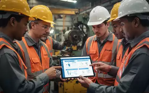 Arbeiter in einer Fabrik, die digitale Schulungsinhalte auf einem Tablet ansehen. Im Hintergrund sind Maschinen zu sehen. - Foto: über boerse-global.de