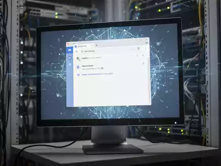 Klassischer Desktop-Monitor mit eingefrorener E-Mail-App, subtilem KI-Schimmer, in Server-Rack-Umgebung. - Foto: über boerse-global.de