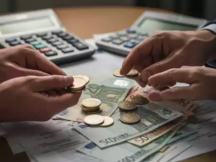 Hände zählen Euro-Münzen und -Scheine auf einem Tisch, im Hintergrund ein Taschenrechner und Dokumente. - Foto: über boerse-global.de