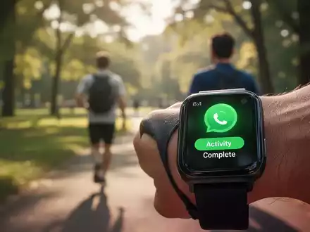 Nahaufnahme einer Smartwatch, die eine grüne Benachrichtigung 'Aktivität abgeschlossen' anzeigt, mit einer unscharfen Person, die im Park geht. - Foto: über boerse-global.de