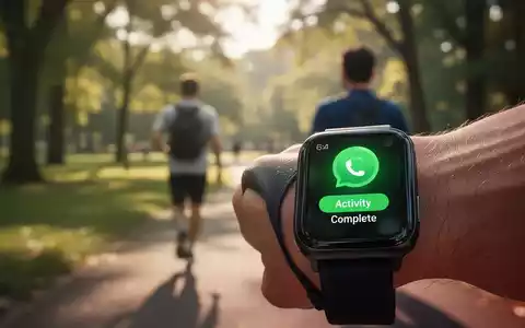 Nahaufnahme einer Smartwatch, die eine grüne Benachrichtigung 'Aktivität abgeschlossen' anzeigt, mit einer unscharfen Person, die im Park geht. - Foto: über boerse-global.de