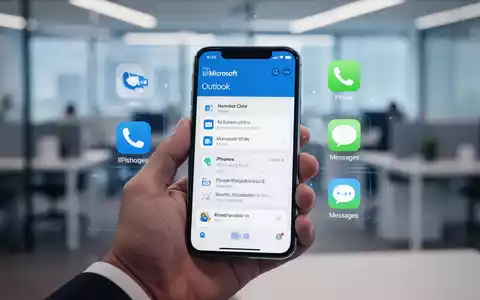 Eine Hand hält ein Smartphone mit der Outlook-App und dezenten iOS-Symbolen, die die Integration von Outlook in Apples mobiles Ökosystem zeigt. - Foto: über boerse-global.de