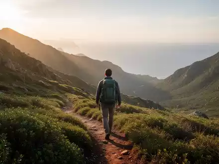 Eine Person wandert auf einem Bergpfad mit Blick auf eine friedliche, sonnige Küstenlandschaft. - Foto: über boerse-global.de